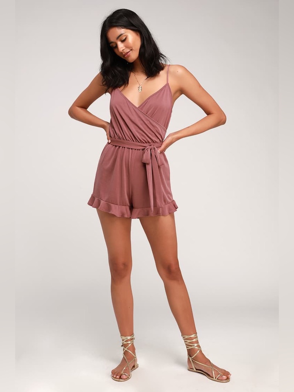 Lulus Katelyn Rusty Rose Ruffled Surplice Romper